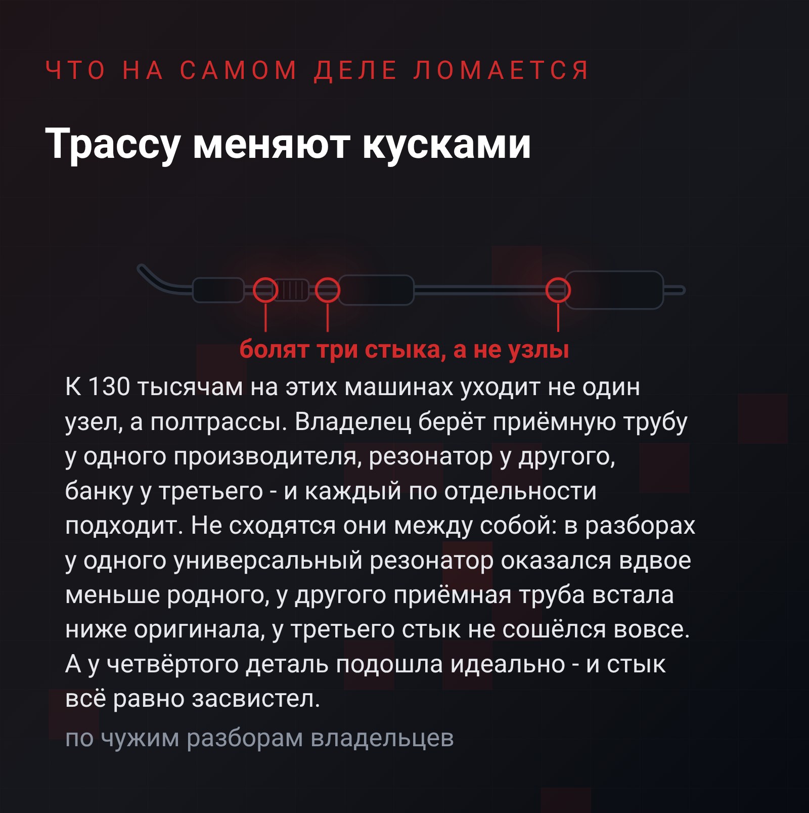 Схема выхлопа Opel: приёмная труба, гофра, резонатор и задняя банка, между ними подсвечены три стыка