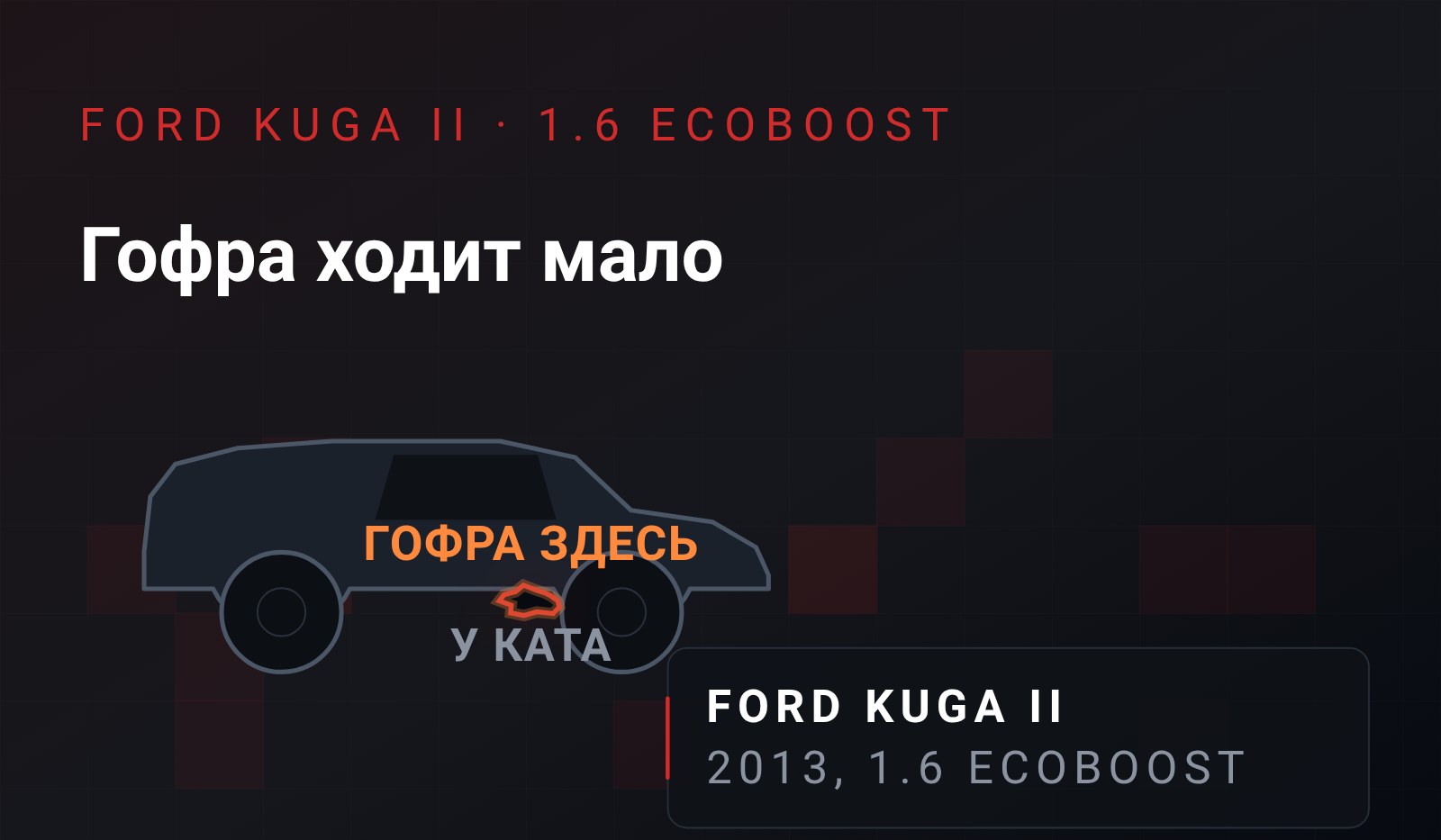Схема: Ford Kuga II сбоку, гофра приёмной трубы показана крупно у нейтрализатора под днищем машины