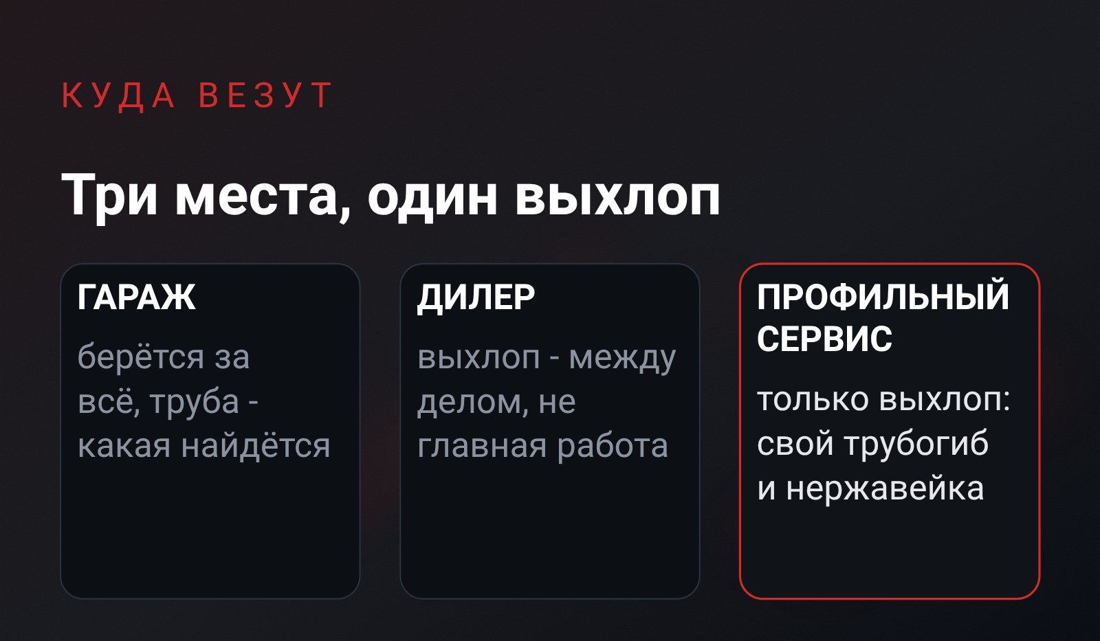 Три колонки на одной оси: гараж берётся за всё из того, что есть под рукой; дилер занимается выхлопом между делом; профильный сервис специализируется только на выхлопе, со своим трубогибом и нержавейкой
