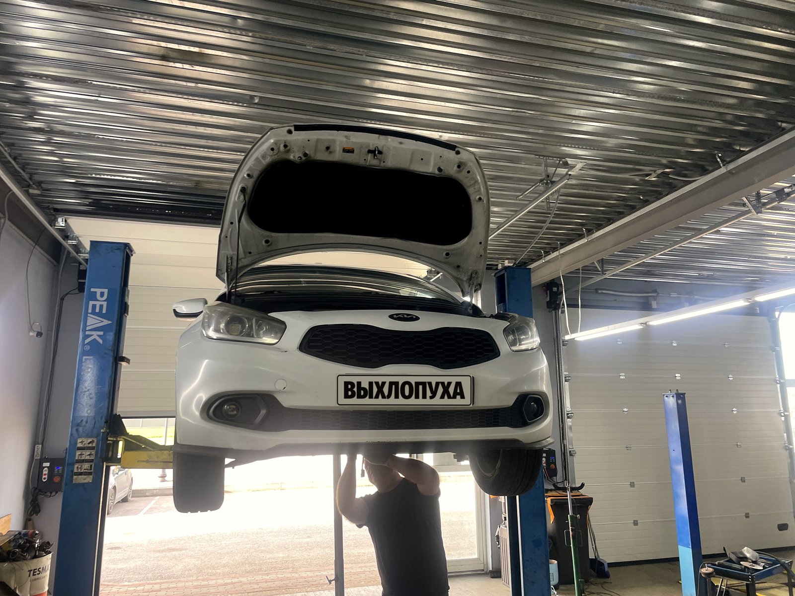 Белый Kia Ceed второго поколения на подъёмнике в боксе «Выхлопухи» в Тельмана, капот открыт, мастер работает под передом