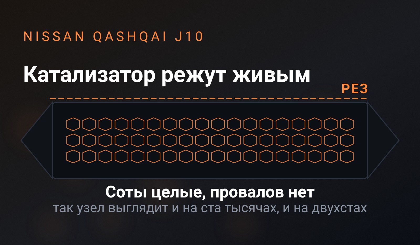 Схема: разрезанный вдоль корпус катализатора, внутри ровная сотовая решётка без провалов и оплавленных участков