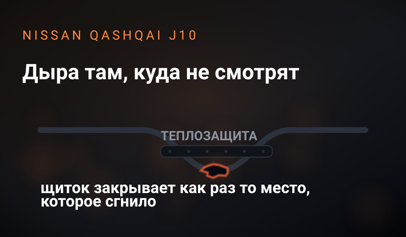 Схема: участок выхлопной трассы сбоку, на изгибе трубы сверху лежит теплозащитный щиток с подписью «теплозащита», под щитком в нижней точке изгиба очаг прогара