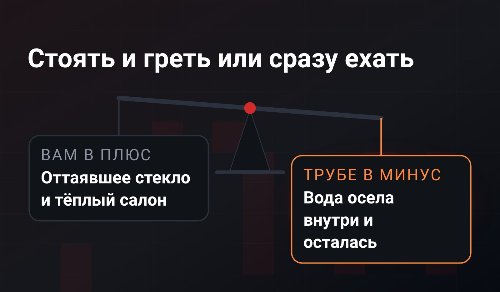 Схема-весы: на лёгкой чаше то, что прогрев на месте даёт водителю - оттаявшее стекло и тёплый салон, на перевесившей чаше то, что достаётся трубе - вода, осевшая внутри и оставшаяся там