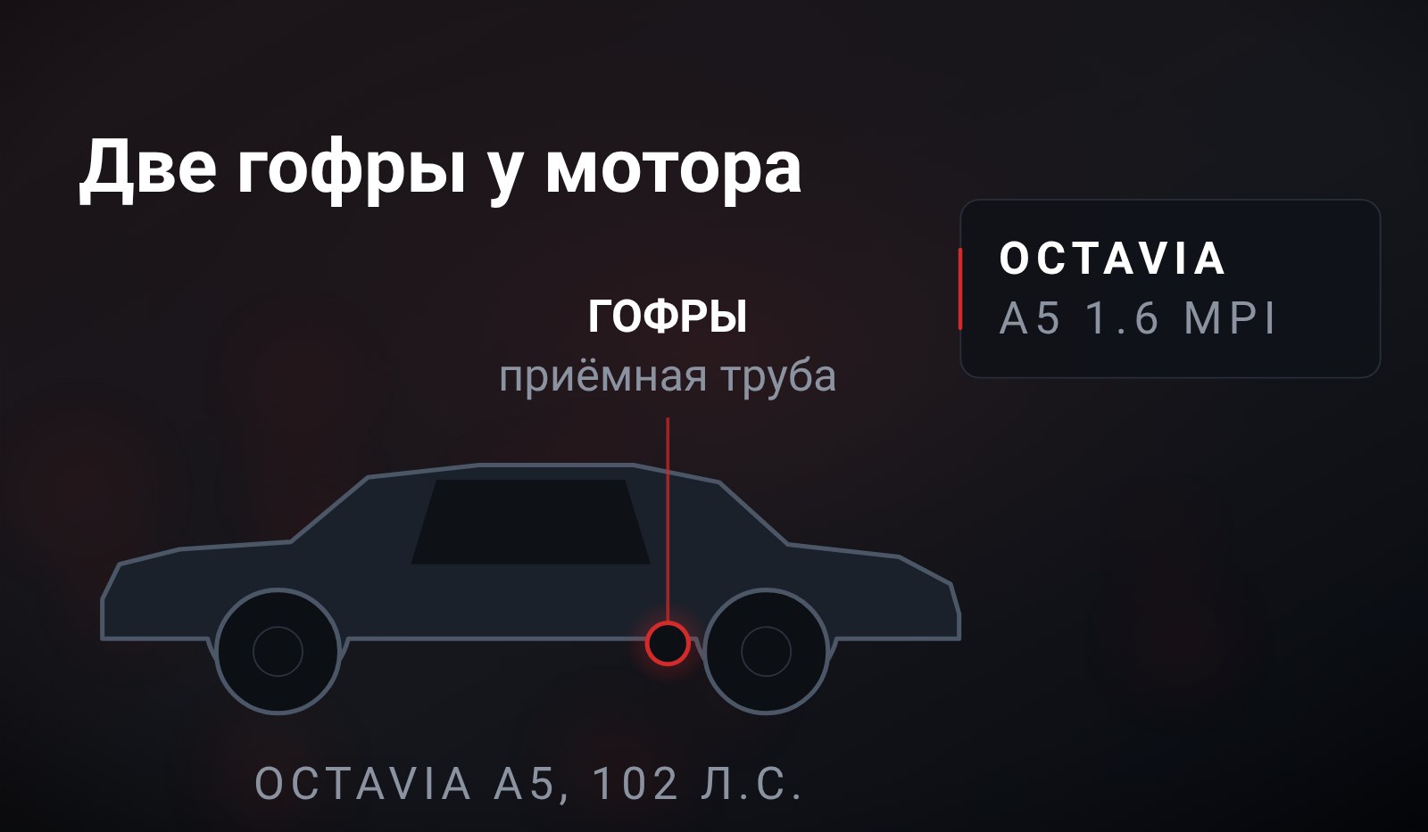 Схема: седан Octavia A5 сбоку, под днищем за передним колесом красная метка на приёмной трубе с подписью «гофры», справа плашка Octavia A5 1.6 MPI
