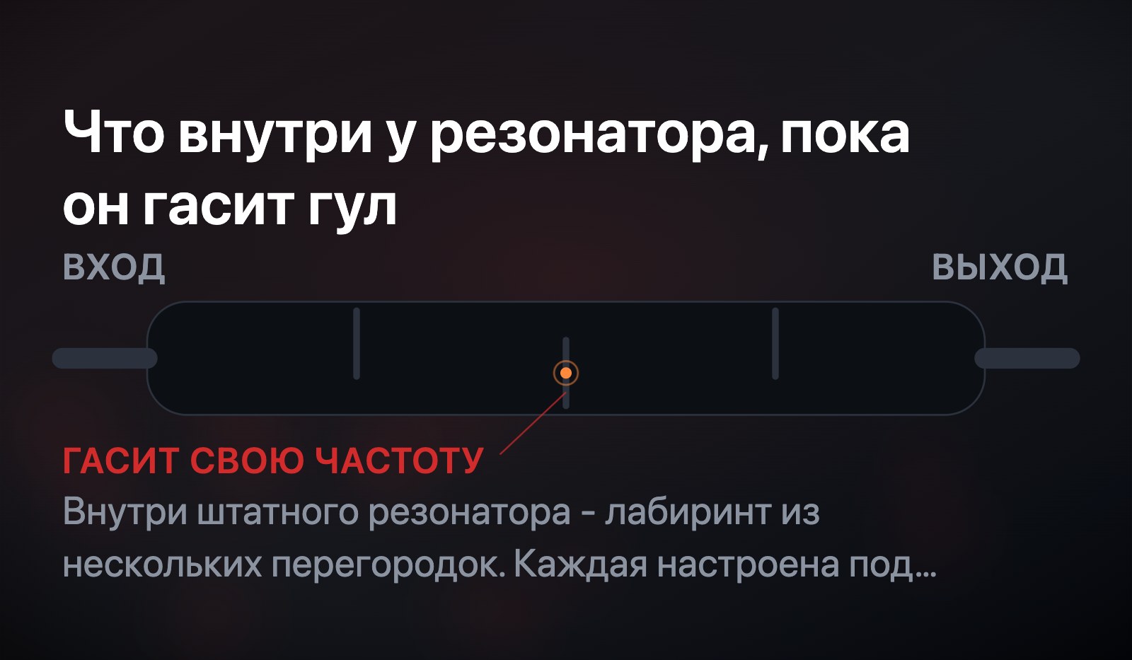 Резонатор в разрезе: лабиринт из перегородок внутри, каждая гасит свою частоту, отдельно отмечена одна перегородка