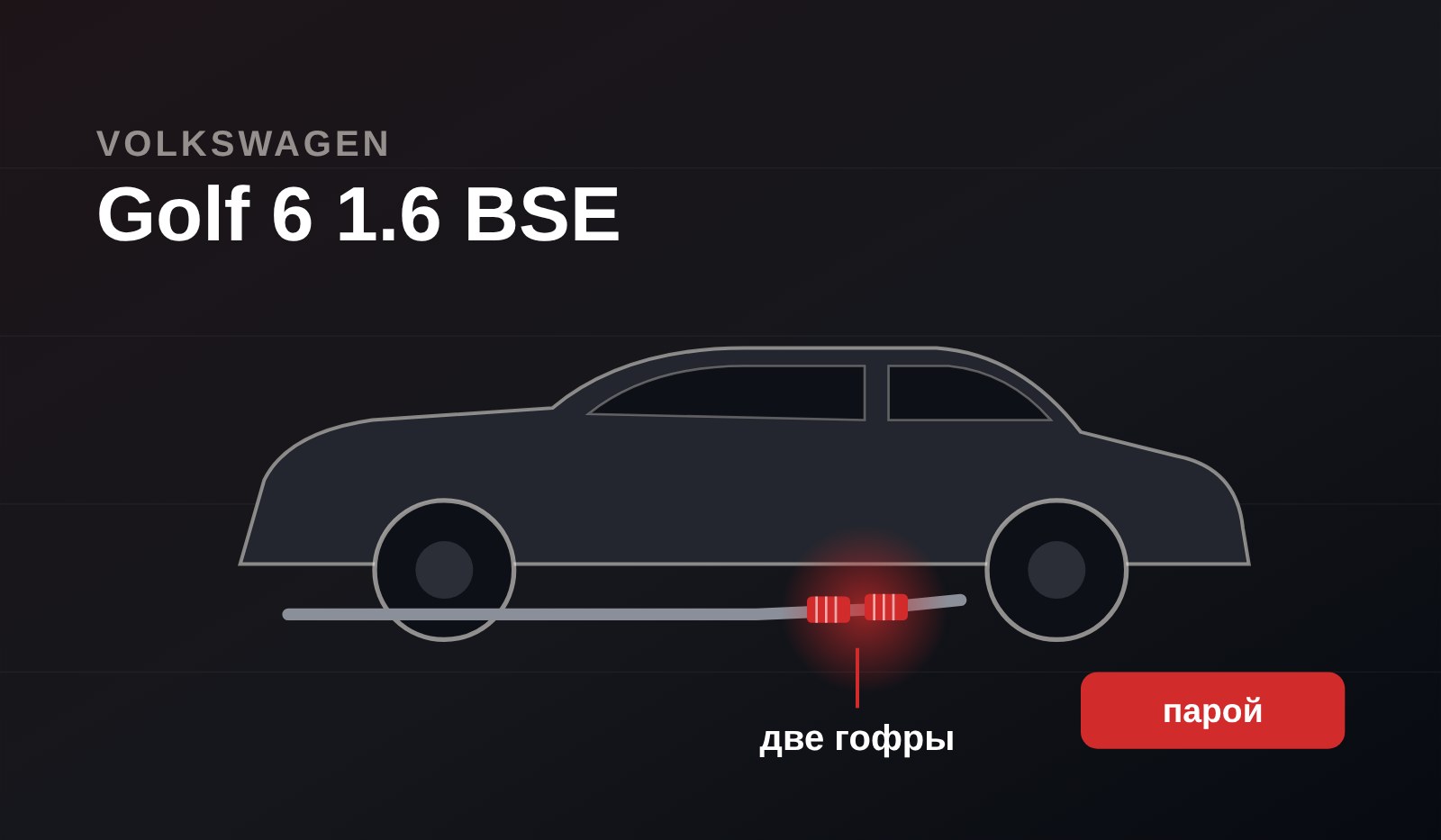 Схема: машина сбоку, под днищем у переднего колеса две красные гофры рядом на приёмной трубе с подписью «две гофры», справа красная плашка «парой», сверху надпись Golf 6 1.6 BSE