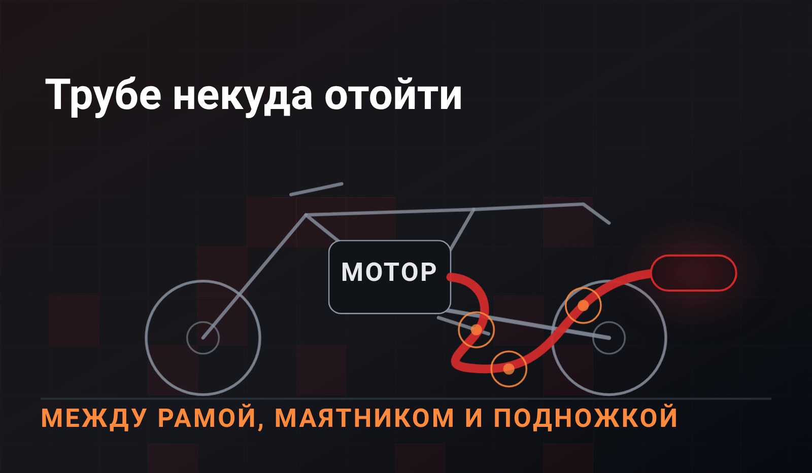 Схема: силуэт мотоцикла сбоку, красная выхлопная труба петляет от мотора назад между рамой, маятником и подножкой, три самых узких места помечены кольцами